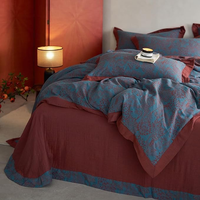 Vintage Blue Floral Duvet Cover Queen Retro Forest Theme Jacquard Duvet Cover Reversible Burgundy Floral Comforter Cover Linen Cotton Yarn-Dyed Textured Duvet Cover Botanical Farmhouse Bedding Set