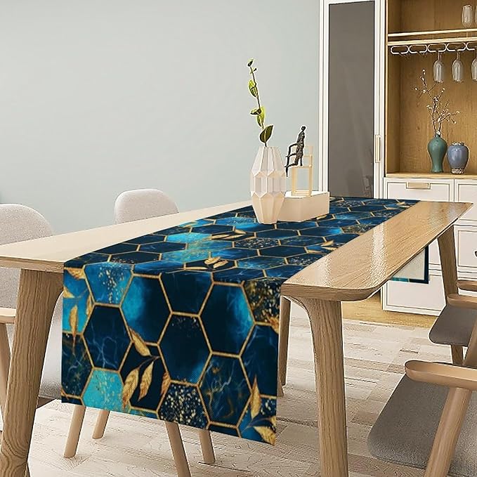 Sky Blue Honeycomb Table Runner Abstract Sea Blue Marble Hexagon Texture Golden Leaves Seasonal Dinner Runner Table Decoration for Farmhouse Home Kitchen Dining Holiday Party 13x60in
