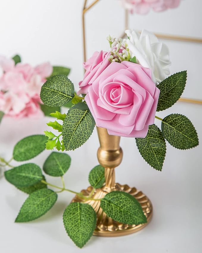 DuHouse 25Pcs Artificial Roses Flowers Fake Roses with Stems Real Touch Foam Flowers for DIY Wedding Bouquet Baby Shower Centerpiece Floral Arrangement Party Home Decor(Pink)