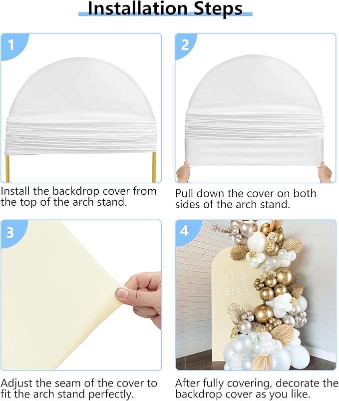 Hemmotop White and Beige Wedding Arch Backdrop Cover, Set of 2 (7.2ft, 6ft), 2 Sided Stretchy Spandex Fitted Balloon Arch Stand Backdrop for Birthday Party, Baby Shower, Double Color