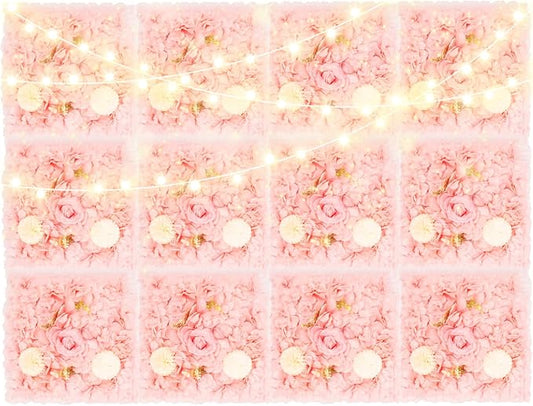 12Pcs Artificial Flower Wall Panel 3D Floral Backdrop Wall 15" X 15" Flower Walls Decor Flower Backdrop Faux Flowers Panel for Wedding Party Home Decoration, Pink/Champagne