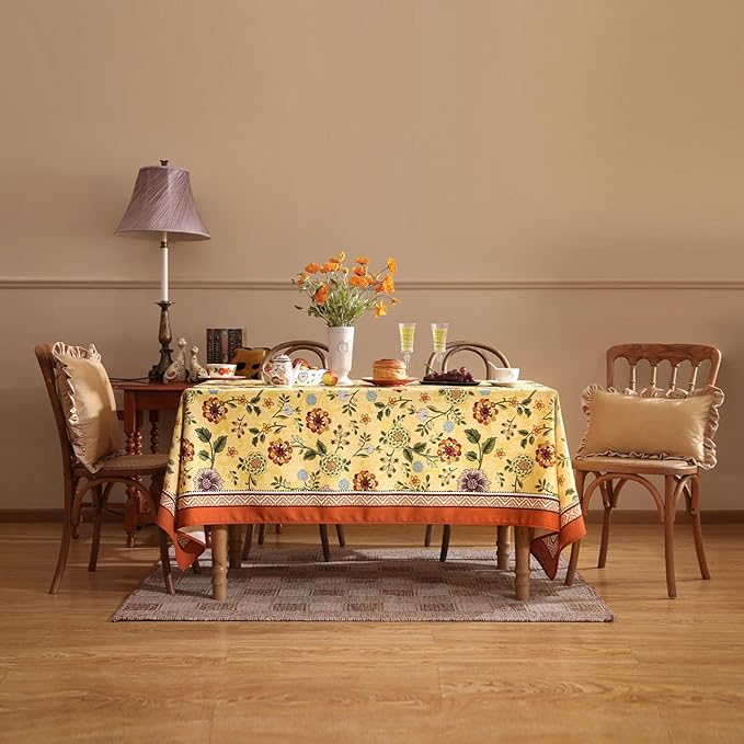 Vintage Linen Tablecloth for Rectangle Table,Yellow Floral French Wrinkle Free Extra Long Tablecloths,Decor Table Cover for Kitchen,Dining,Thanksgiving,Farmhouse,63" × 110"-Bellano