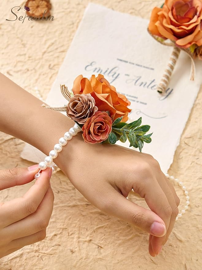 Serwalin Orange Corsage and Boutonniere Set, Boutonniere and Wrist Corsage Wristlet Prom Homecoming Wedding Flowers Accessories Prom Suit Decorations (Orange)