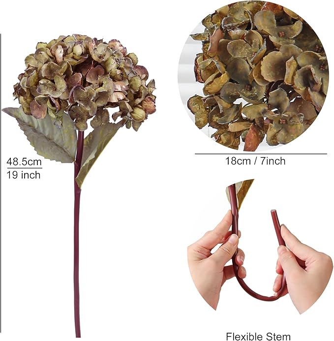 Fall Artificial Dried Hydrangea Flowers, Vintage Green Dried Look, Fall Faux Flowers, Single Stem (Autumn Green, 4pcs)