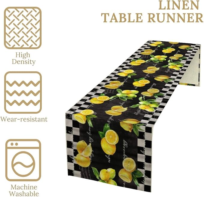 Lemon Table Runner , Summer Yellow Fruits Green Leaves Kitchen Dinning Table Decoration for Indoor Outdoor Home Party Decor 13x90 Inch