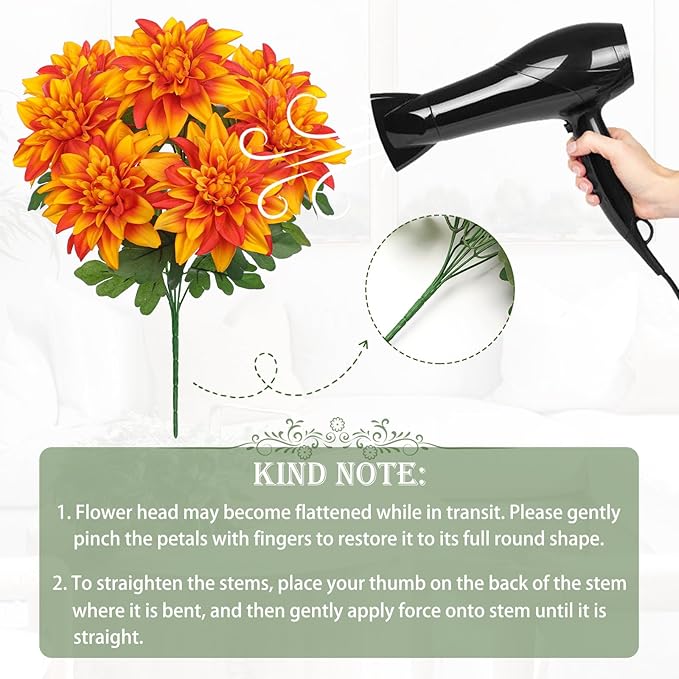 Hollyone 2Pcs Orange Artificial Dahlia Flowers Bush 7 Heads Silk Fake Dahlias Flowers with Stems Wedding Bouquets Faux Dahlia Flowers Arrangements for Outdoor Indoor DIY Table Centerpieces Home Decor