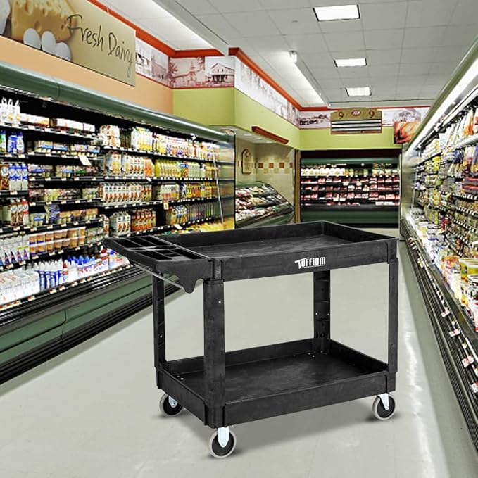 TUFFIOM Plastic Service Utility Cart with Wheels, 550lbs Capacity Heavy Duty Tub Storage Cart W/Deep Shelves, Multipurpose Rolling Extra Large 2-Tier Mobile Storage, for Warehouse Garage Industrial