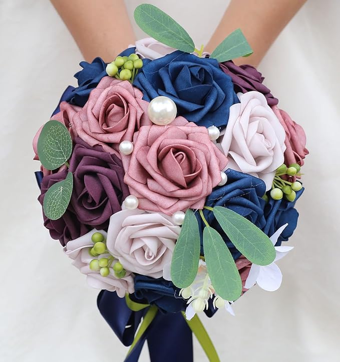 Lightweight Bridal Wedding Bouquet Round Holding Bouquet Throw Toss Artificial Rose Flower Bunch for Bride Bridesmaid Wedding Quinceanera (Navy, Smoky Rose, Light Taro & Dark Puce, 9.1")
