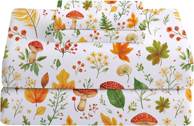 Softan Orange Floral King Size Sheet Set, Printed Microfiber Fitted Sheet with 15" Deep Pockets & Non-Slip Straps, Maple Leaves & Mushroom Patterned Bedding Sheets & Pillowcase Set