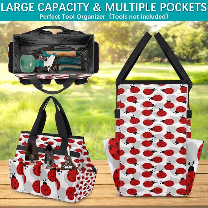 Ladybugs Pattern Garden Tool Tote Bag for Women Men Gardening Tool Storage Bags with 10 Pockets Standable Garden Home Tool Kits Organizer for Indoor Outdoor Gardening Gifts