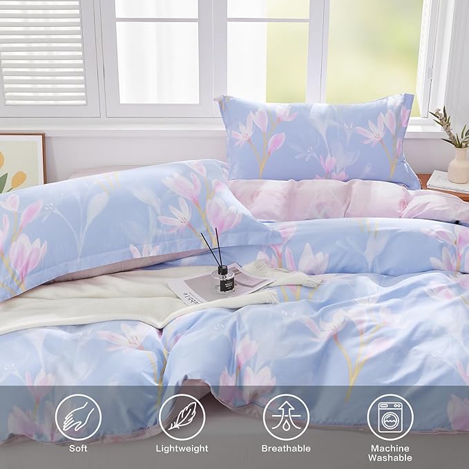 SAPHREAS Pink Floral Duvet Cover Set Twin Size 2pcs Cotton Orchid Flower Blossom Printed Bedding Comforter Cover Set Blue 1 Duvet Cover 68"x90" 1 Pillow Sham, Comforter Not Included
