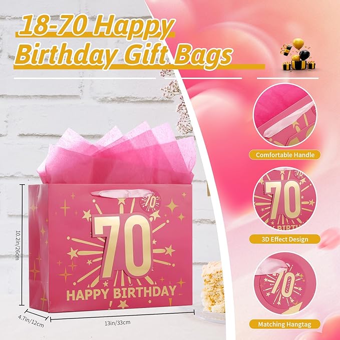 Bloomwords 70th Birthday Gift Bag Set with Card & Tissue – 13" Elegant Keepsake Party Bags for Unisex Anniversaries, Gift Wrapping & Celebrations(Pink)