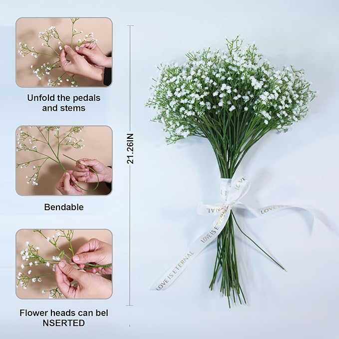 6 Pack Real Touch Artificial Baby's Breath Flowers - 21" Bendable Stems for Wedding Bouquets, Home Centerpieces & Outdoor Decor (Waterproof, Dustproof, White)