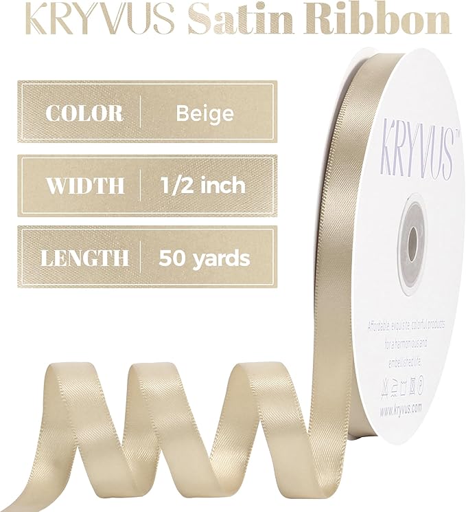 Beige Satin Ribbon, Double Faced 1/2 Inch X 50 Yards Beige Ribbon, Premium Satin Ribbon for Gift Wrapping, Crafts, Hair Bow Making, Sewing, Flower Bouquet, Wedding Party Decor