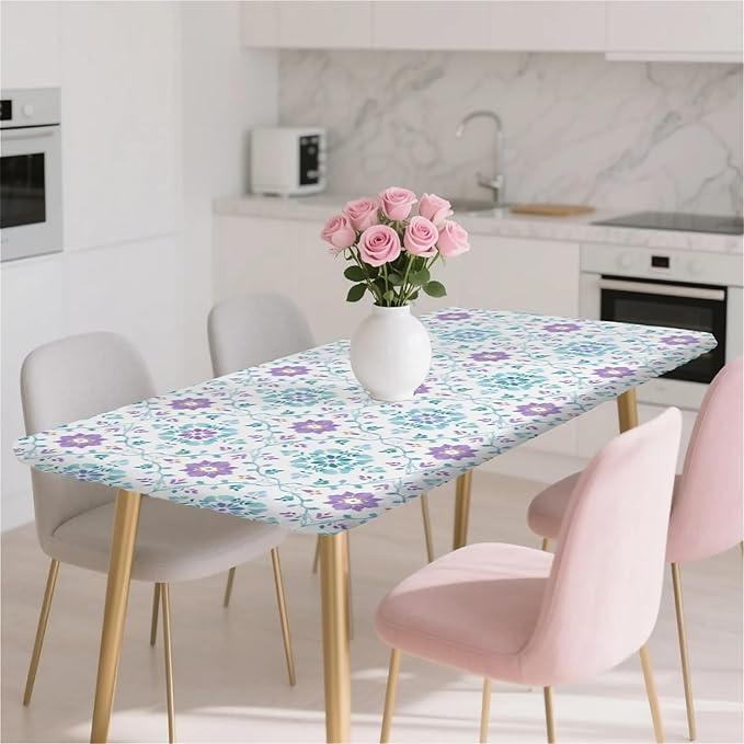 Rectangle Table Cloth Cover Waterproof Elastic Fitted Polyester Fitted Tablecloths for 8 Foot Tables for Indoor,Picnic, Camping, Outdoor （96" x 30"，Geometric Flowers）
