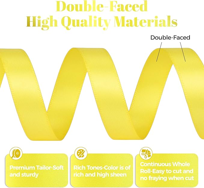 Lemon Yellow Polyester Satin Ribbon, 1/2 Inch X 50 Yards, Formal & Celebratory Occasions, Double Faced, Perfect for Gift Wrapping, Crafts, Wedding Decor