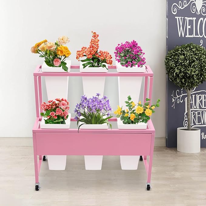 2-Layers Flower Display Stand Metal Flower Display Stand With 6 Pcs Buckets Rolling Plant Stand Flower Cart Moving Florist Bouquet Shelf for Fresh Flower Shop Balcony,Load Capacity 33.07lbs (Pink)