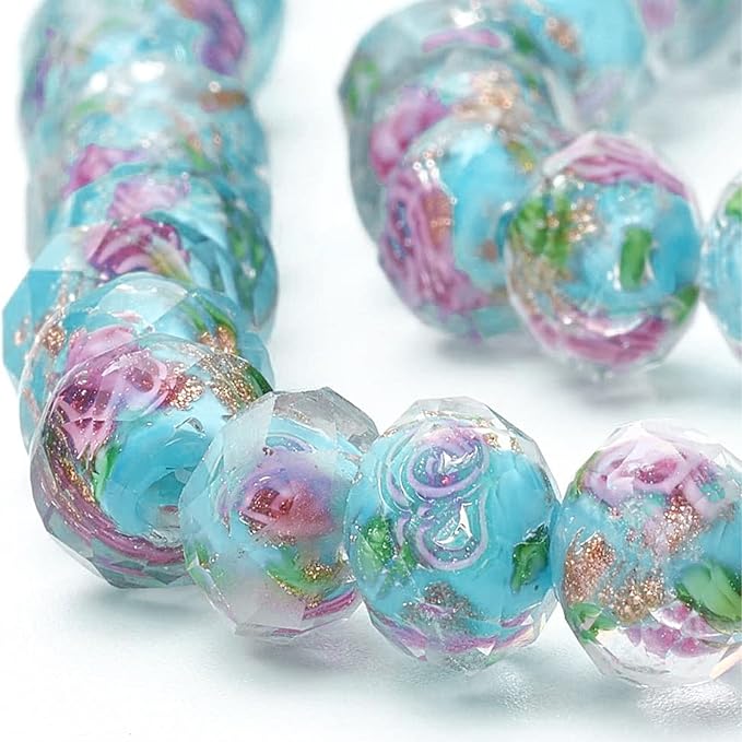 PH PandaHall 60pcs 9~10mm Blue Rose Lampwork Beads Gold Sand Glass Beads Flower Glass Beads 1.5~2mm Hole Floral Handmade Lampwork Beads Round Loose Beads for Rosary Making Jewelry Craft Making
