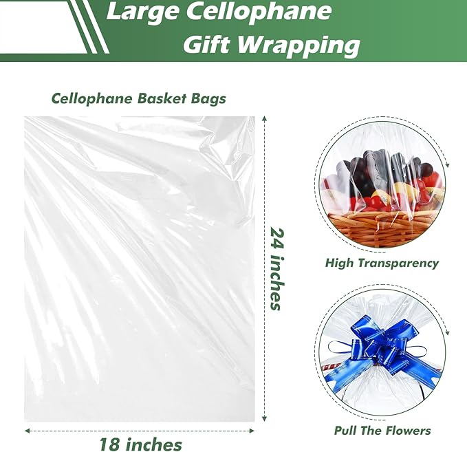 50 Packs Large Cellophane Bags 18" x 24" Clear Cellophane Gift Basket Wraps 2.3 Mil Thick Transparent Cello Bags for Fruit Basket, Gift Wrap, Treats, Arts and Crafts, 50ct Blue Ribbon Bows