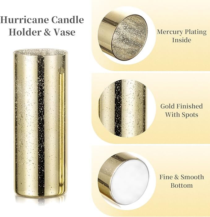 Glass Cylinder Vases Set of 24, Hewory Glittery Gold Vase for Centerpieces, Glass Hurricane Candle Holders for Pillar Floating Candle, Tall Round Vase for Wedding Anniversary Events Home Table Decor
