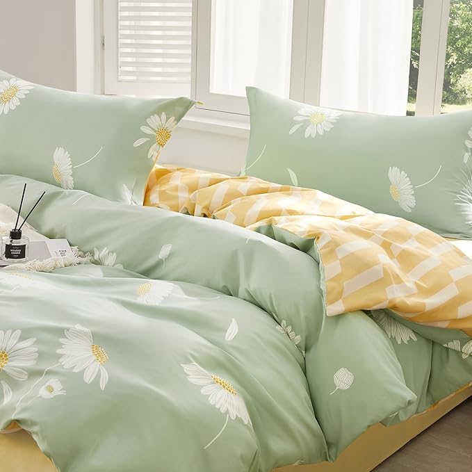 SAPHREAS Green Duvet Cover Set Queen Size 3pcs White Daisy Floral Printed Bedding Comforter Cover Set 100% Cotton 1 Duvet Cover 90"x90" 2 Pillow Shams, Comforter Not Included
