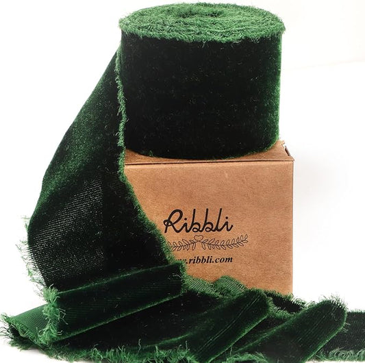 Ribbli Forest Green Velvet Ribbon 2 Inch Handmade Frayed Vintage Christmas Ribbon for Gift Wrapping Christmas Tree Ornament Wreath Craft Home Decor -3 Yards