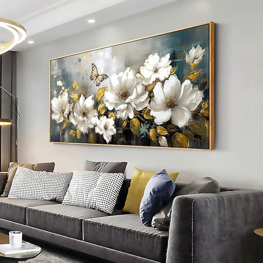 Wall Art Modern Flower Artwork Paintings White Blossom Gold Leaf Butterfly Landscape Picture wall Decor for Living Room Bedroom Kitchen 30"x60" with Framed