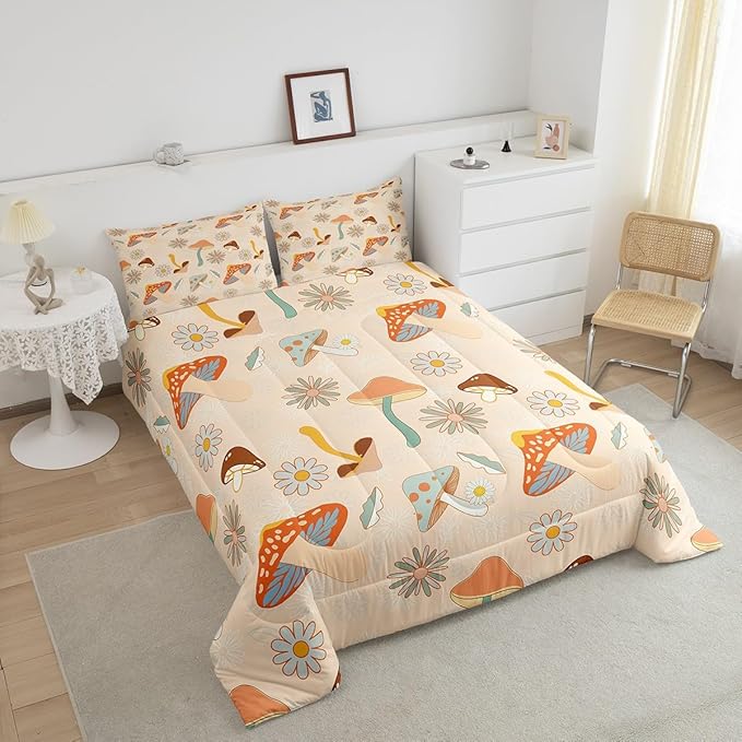 Castle Fairy 60s 70s Retro Mushroom Bedding Comforters King Size,Groovy Flowers Floral Duvet Set for Bedroom Decor,Boho Art Durable Comforter Set with 2 Pillowcases