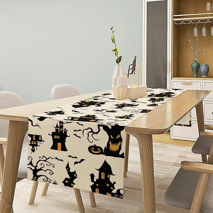 Halloween Table Runner, Retro Gothic Spoonky House Day of Death Mysterious Halloween Coffee Table Center Decor for Home Kitchen Dining Patio Holiday Party Table Decorations 13x36 inches