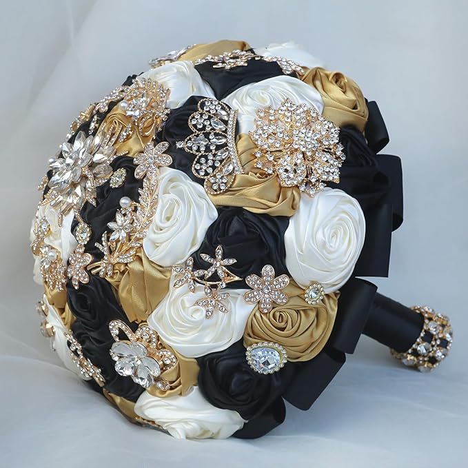 Handmade Satin Rose Floral Bling Pearl Decor Bridal Wedding Bouquet Rhinestone Pendant Artificial Brooch Flowers for Bride Bridesmaid Quinceanera