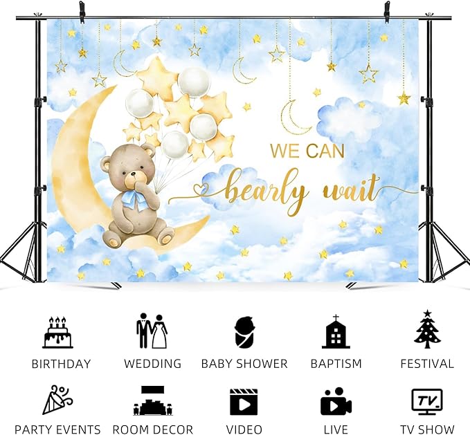 15x10ft Baby Shower Backdrop We Can Bearly Wait Photography Background Bear White Balloons Blue Clouds Moon Stars Cartoon Banner Decorations Birthday Party Newborn Portrait Photo Booth Prop