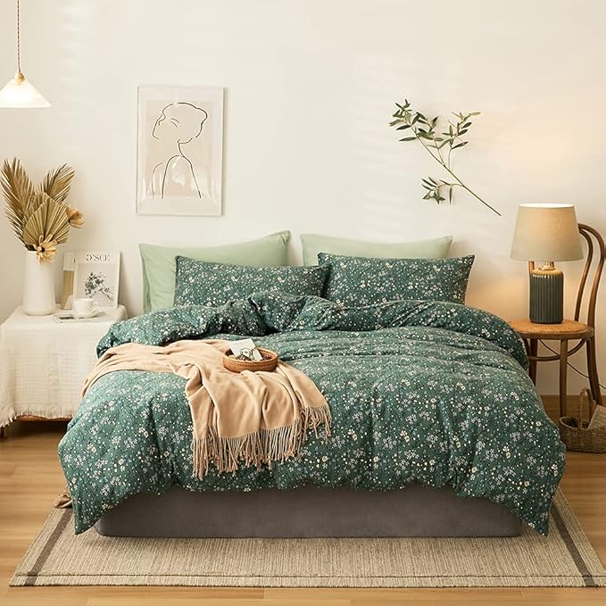 LifeTB Jersey Knit Cotton Duvet Cover Twin Green Floral Bedding Sets 100% T Shirt Cotton Botanical Bedding Garden Chic Knit Cotton Comforter Cover Vintage Floral Duvet Cover