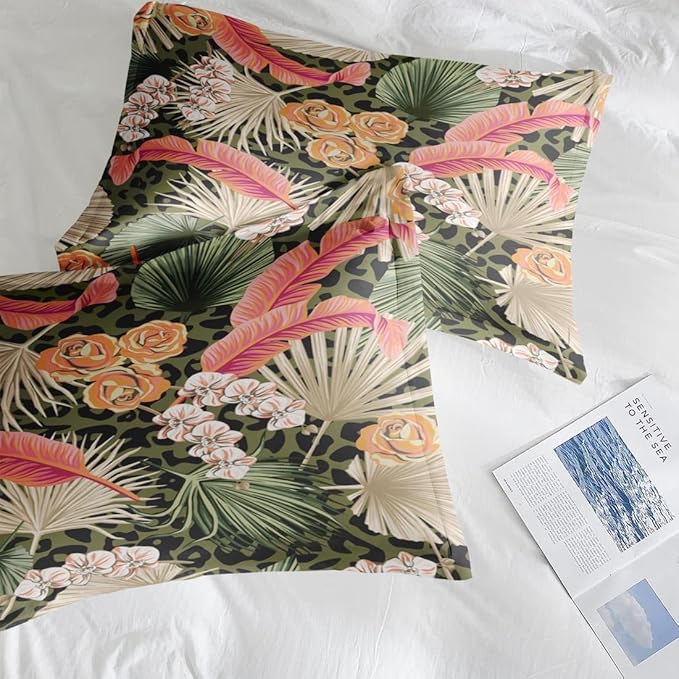 Comforter Set King Size, Summer Tropical Flowers 7 Pcs Bedding for Kids and Adults, Hawaiian Palm Leaf Leaves Bed Sheet Sets with Fitted Sheet 2 Pillowcase & 2 Sham for Bedroom Bed Decor