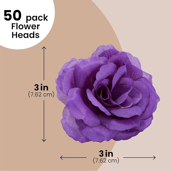 Bright Creations Artificial Roses Heads - 50 Pack, 3 in, Dark Purple Flowers, Stemless - Silk Roses for DIY Decor & Wedding Centerpieces