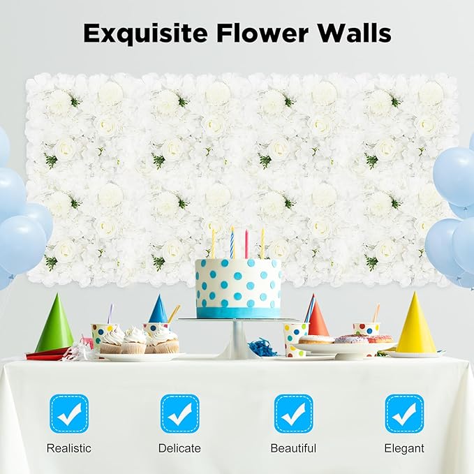 DouSeiAi 12Pcs Artificial Flower Wall Panel 3D Floral Backdrop Walls 15" X 15" Flower Wall Decor Flower Backdrop Faux Flowers Panel for Wedding Party Home Decoration, White