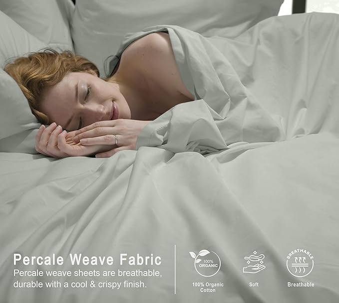 RUVANTI 100% Organic Cotton Sheets Queen Size, Percale Weave, GOTS Certified, 4-Piece Set, Deep Pocket 15", Crisp & Breathable, Soft Durable Bedding, Sábanas Algodón Orgánico – Mineral Gray