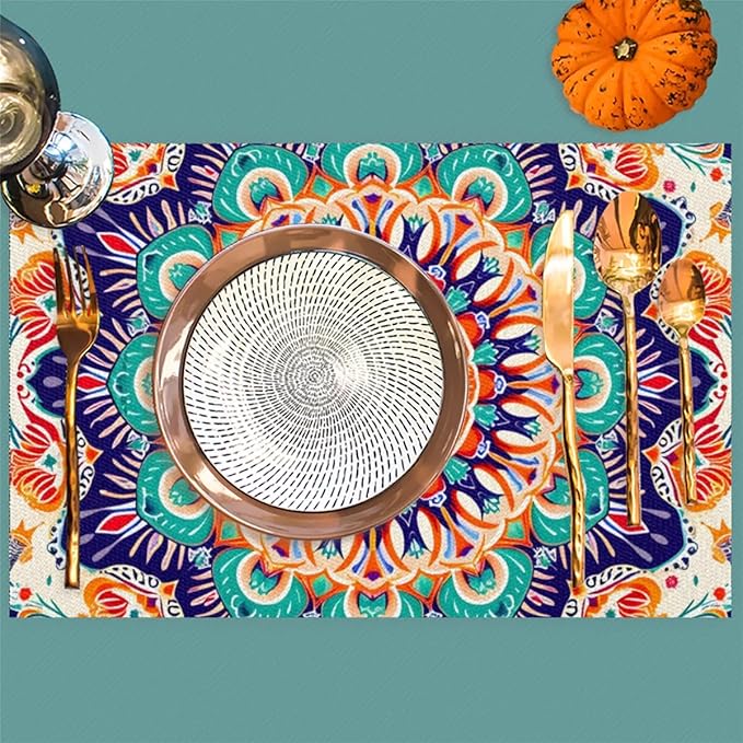 Ethnic Colorful Flower Mandala Placemats Set of 6 PVC Vinyl Non Slip Table Mats Waterproof Heat Resistant Place Mats Washable Wipeable Dining Table Mat for Kitchen Party Farmhouse Indoor Decorative