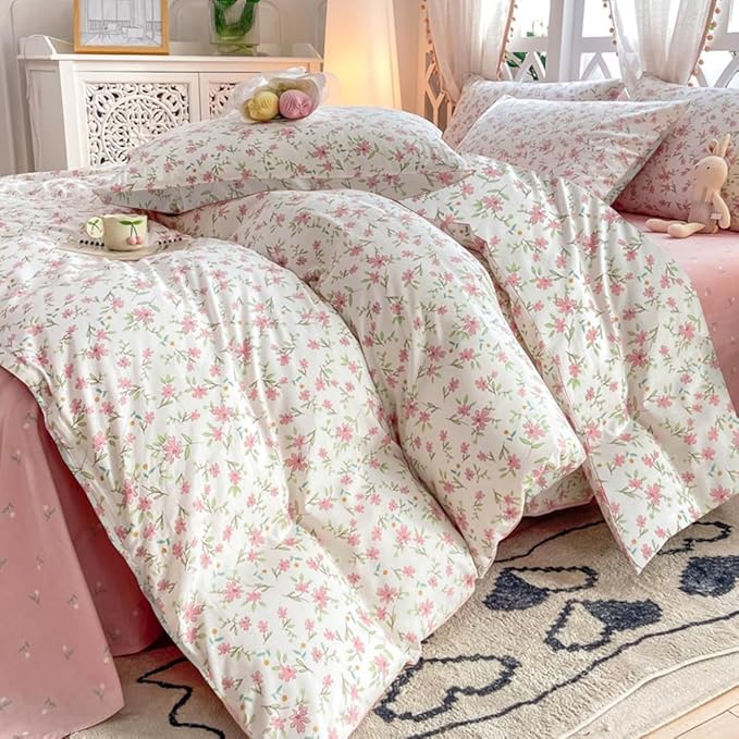 VM VOUGEMARKET Girls Comforter Set Twin Pink Flower Bedding Set Teen Girls Tiny Floral Comforter with 2 Pillowcases(3pcs,Twin XL)-AA Version