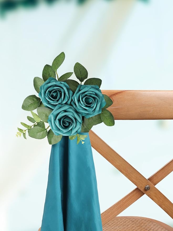 MACTING Artificial Rose Flowers 30PCS Real Touch Fake Flowers with Stem Foam Roses for DIY Wedding Bouquets Table Centerpieces Floral Arrangements Party Home Spring Valentines Day Decor,Peacock Green