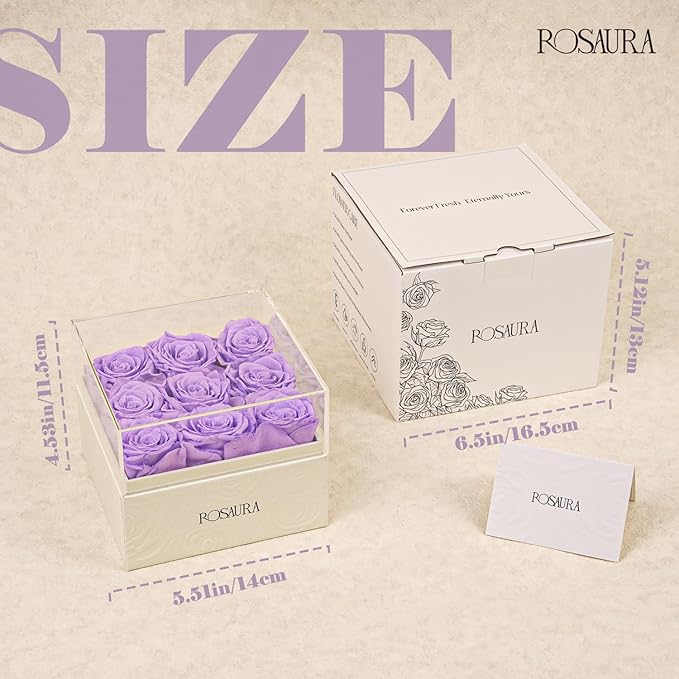 Rosaura Square Preserved Roses Gift Box - Real Forever Flowers in Clear Acrylic Lid, Valentine's for Women (Light Purple, 9 Roses)