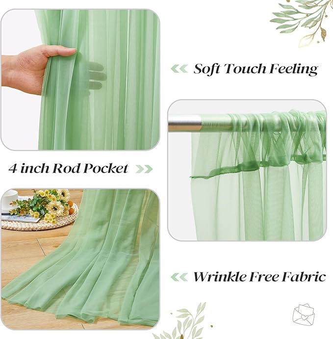20ft x 10ft Green Backdrop Curtain with Lights String for Parties, Sheer Tulle Wedding Photo Backdrops Drapes for Baby Shower Birthday Party Decorations Background for Photography