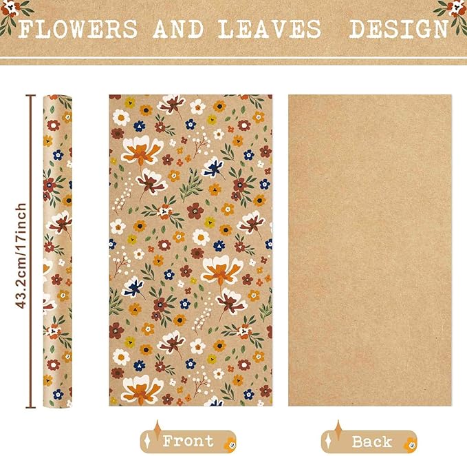WERNNSAI Floral Kraft Wrapping Paper Roll - 1 Roll 17”x 33 ft Flower Bouquet Wrap Favor Brown Gift Wrap Paper Kids Adults Wildflower Decorative Art Supplies for Wedding Spring