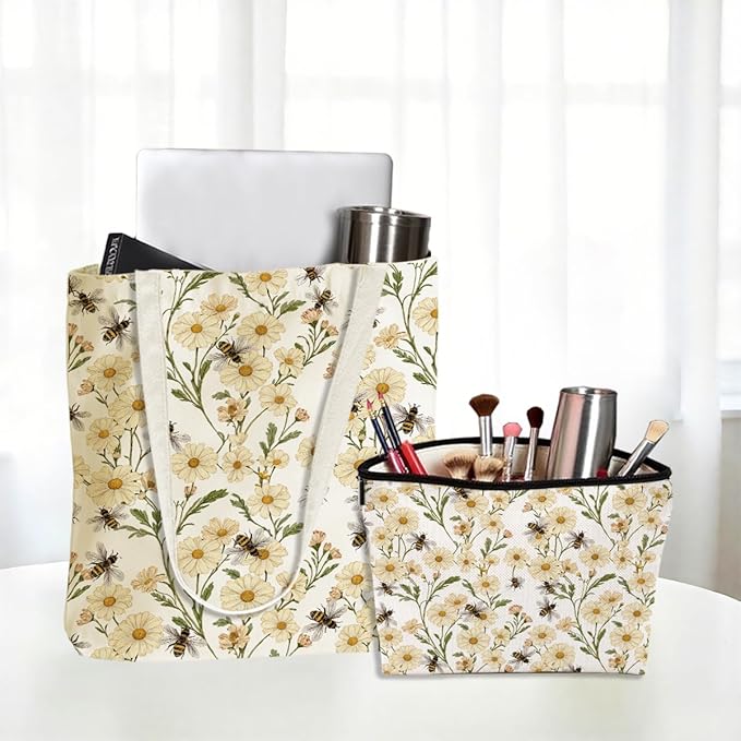 Flower Plant Lover Gifts for Women Canvas Tote Bag with Makeup Bag Cosmetic Bags Grocery Bags for Shopping Christmas