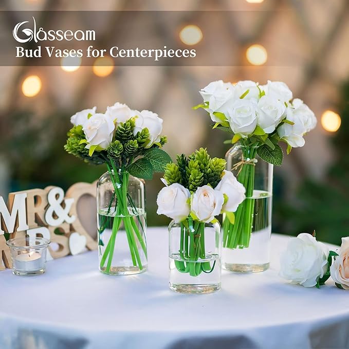 Glasseam Clear Glass Bud Vase, Set of 6 Modern Cylinder for Centerpieces, Blown Craft Aesthetic Decorative Small Flower Vases Bulk for Flowers Rose Tulip Pampas Grass