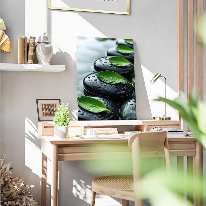 Glittering black stone cluster with fresh green leaves and water drops poster tranquil mist rain wall art zen wall art suitable for modern minimalist home decor 24x36in Frameless