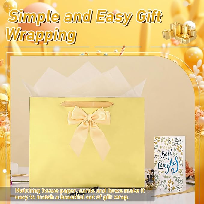 Bloomwords 13" Gold Gift Bag Set - 1 Large Paper Bag with Bow, Greeting Card & 2 Tissues, Sturdy Handles for Birthdays, Party & Special Occasions