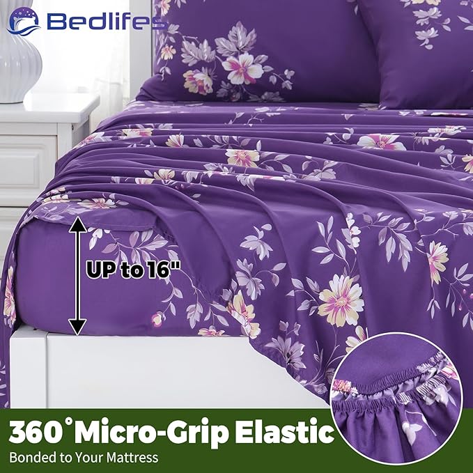 Bedlifes King Floral 4-Piece Sheet Set - Cooling Sheets Blend Rayon Derived from Bamboo,Soft & Breathable, Deep Pocket 16", Wrinkle Resistant - Vibrant Boho Floral Dark Purple