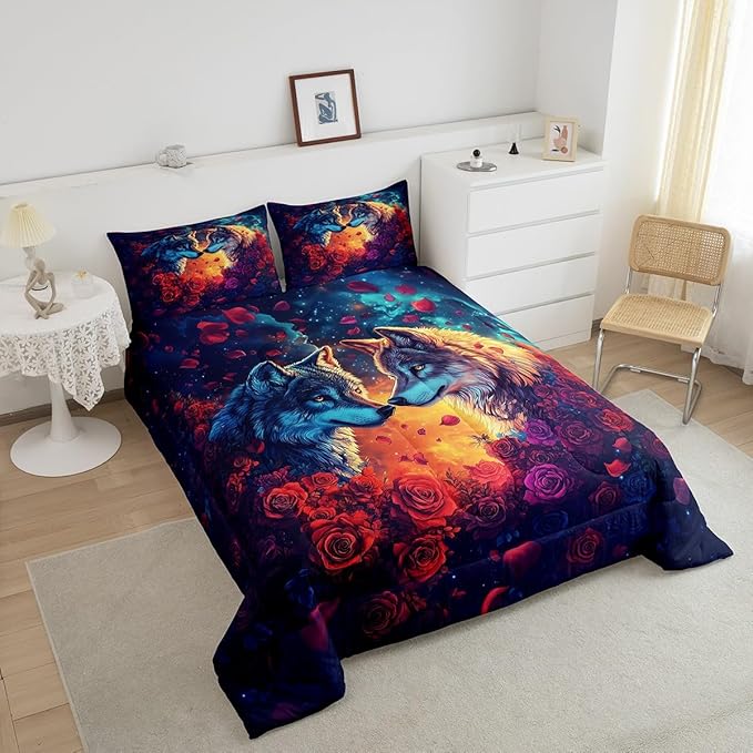 Wolf Comforter Set King Size,Wild Animal Print Couple Theme Reversible Bedding Set All Season Quilt Set,Romantic Red Rose Flowers Watercolor Galaxy Microfiber Polyester Down Comforter