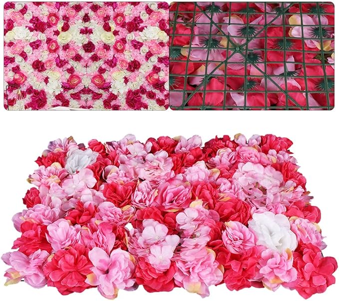 6 Pcs Artificial Flower Wall Panels 60x40cm 3D Flower Background for Wall, Wedding Flower Decorations Wall Silk Rose Panels for Candy Wall, Photo Areas, Stage Background(Dahlia + Rose + Hydrangea)