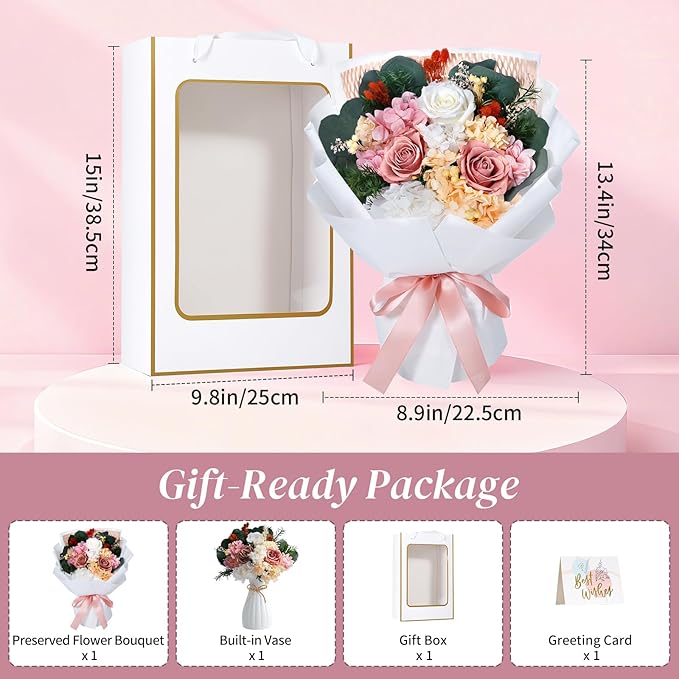 Lewondr Flower for Delivery, Preserved Flowers Bouquet, Pink Roses Bouquet, Real Long-Lasting Forever Birthday Flowers Gifts for Mom Women Wife Grandma Her Mothers Day Anniversary, Dusty Rose